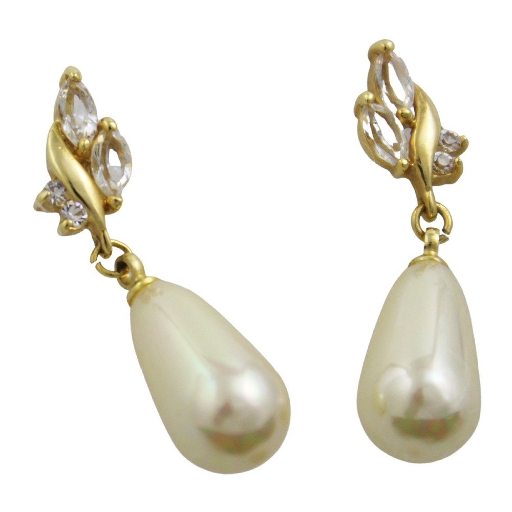 Gold Tone Faux Pearl Drop Earrings with Clear Rhinestone Accents Jewelry
